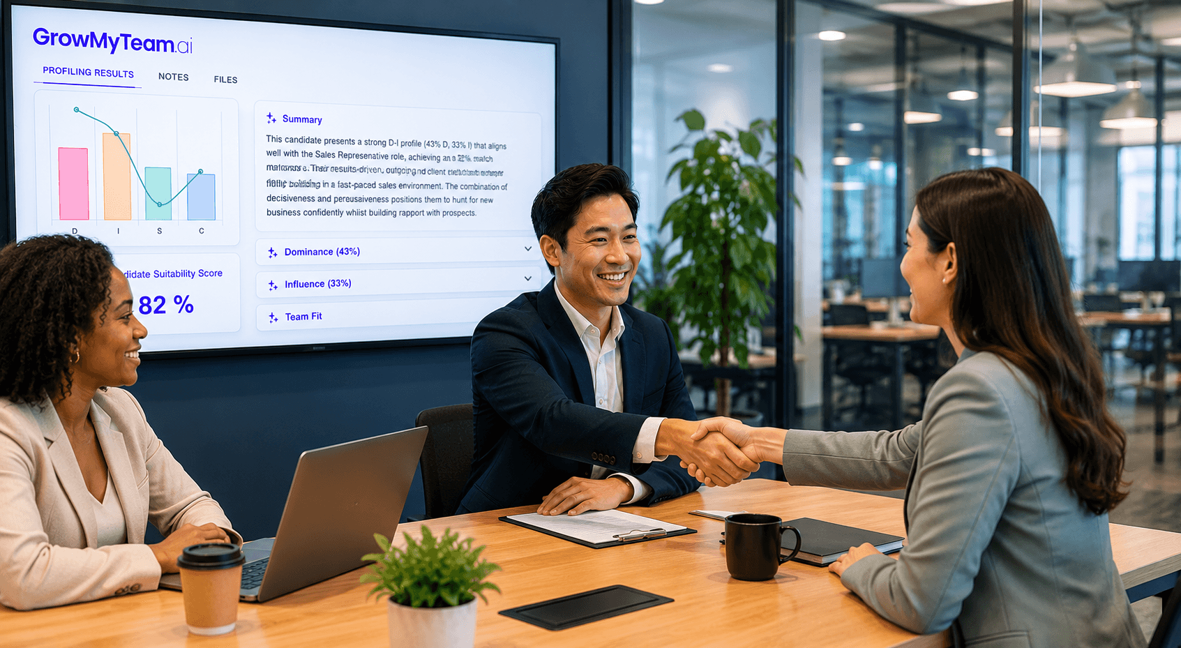Successful hire handshake with GrowMyTeam.ai profiling results on screen